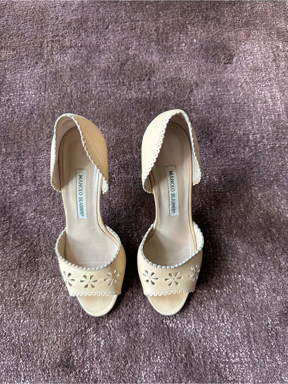 Manolo Blahnik Nude Floral Cutout D'Orsay Heels